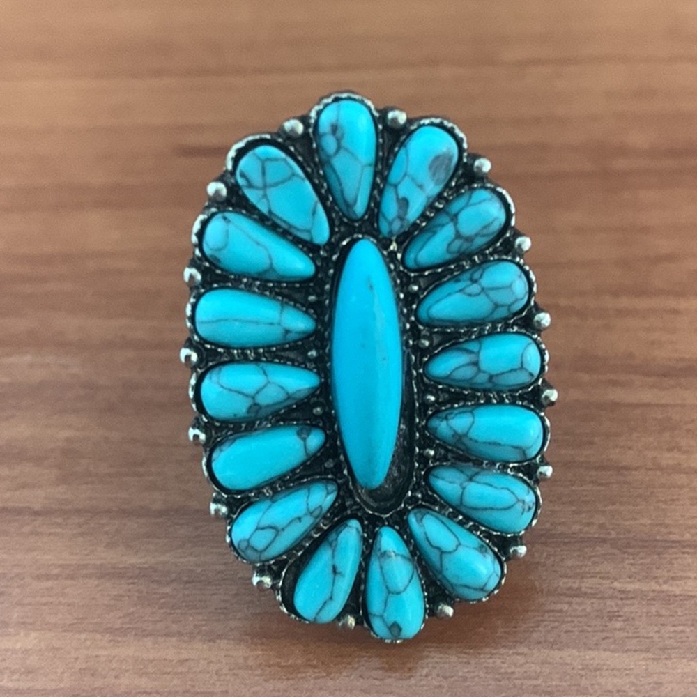 Boho Squash Blossom Natural Stone Cuff Ring - Picture 5 of 8